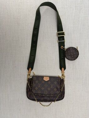 Louis Vuitton Brown Monogram Multi Pochette with Green Webbing Strap